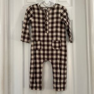 Rylee + Cru Baby Unisex Brown & Cream Plaid Linen & Viscose Romper Long Sleeve